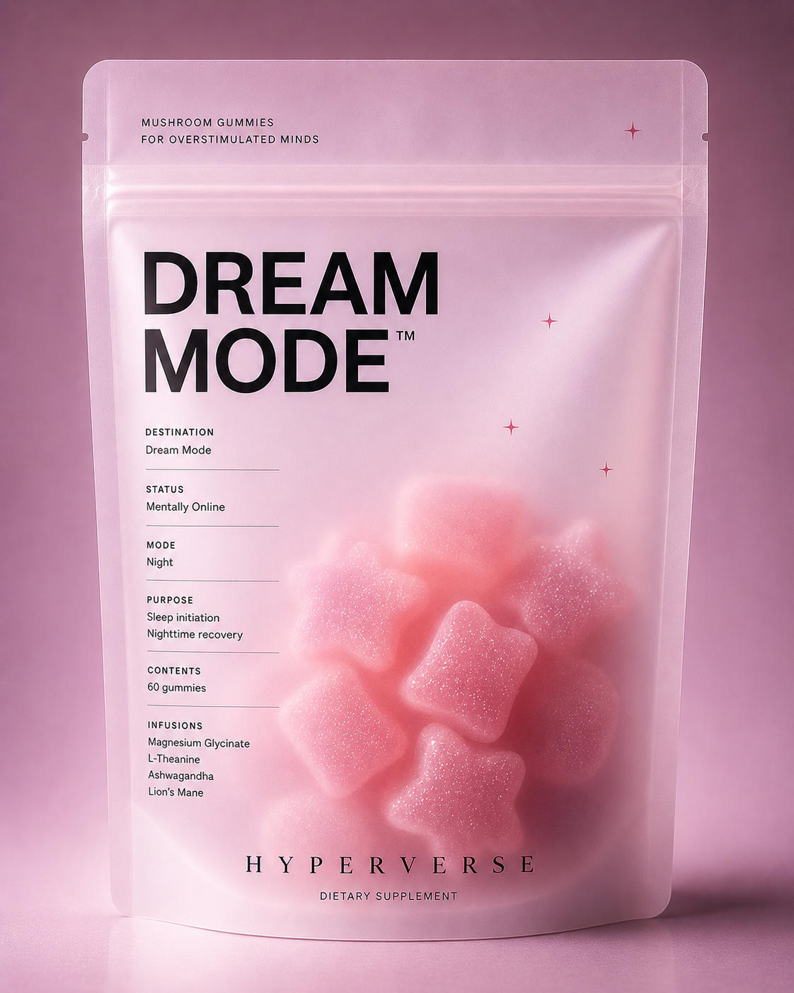 Dream Mode mushroom gummies pouch on a soft pink backdrop