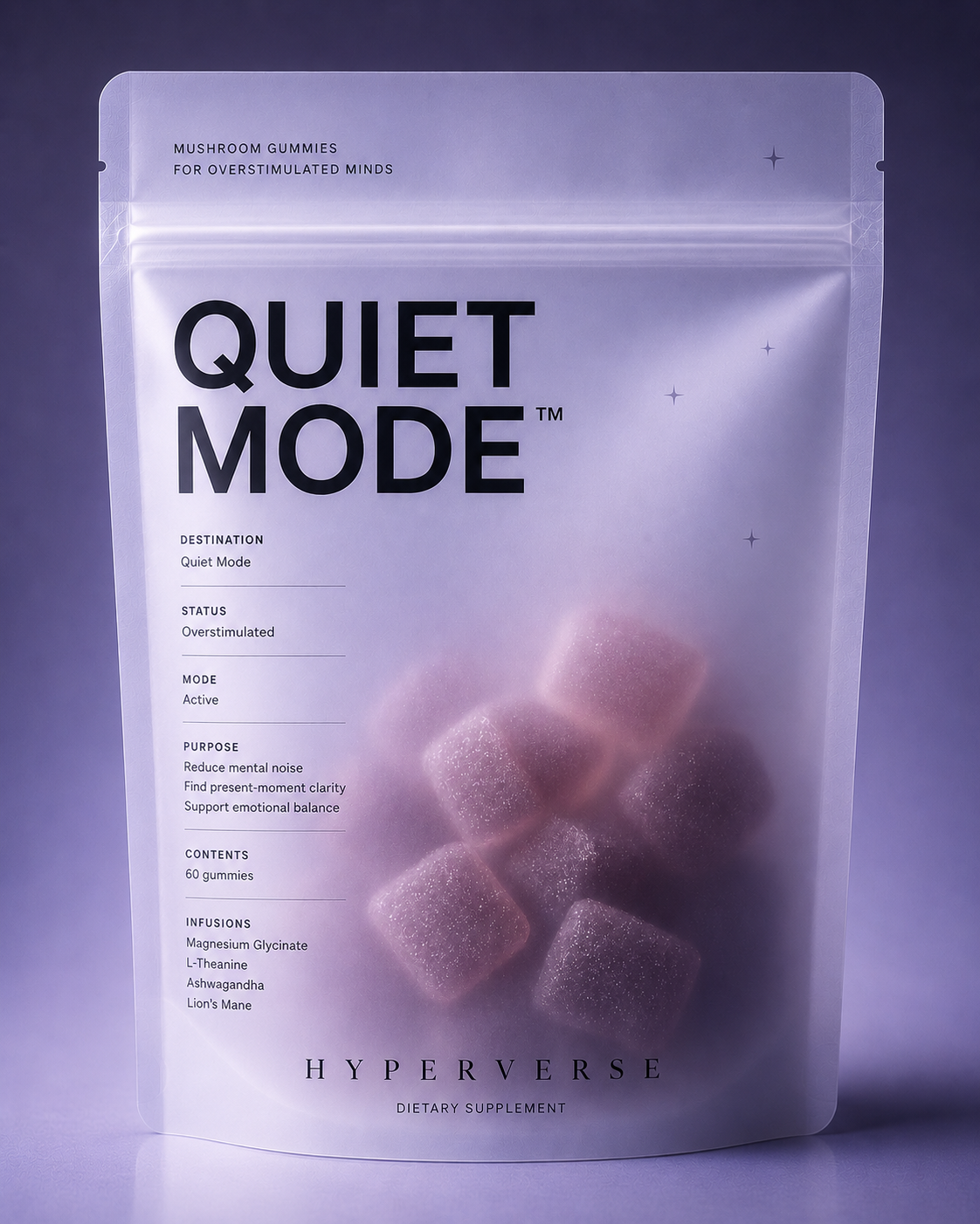 Quiet Mode mushroom gummies pouch on a soft lavender backdrop